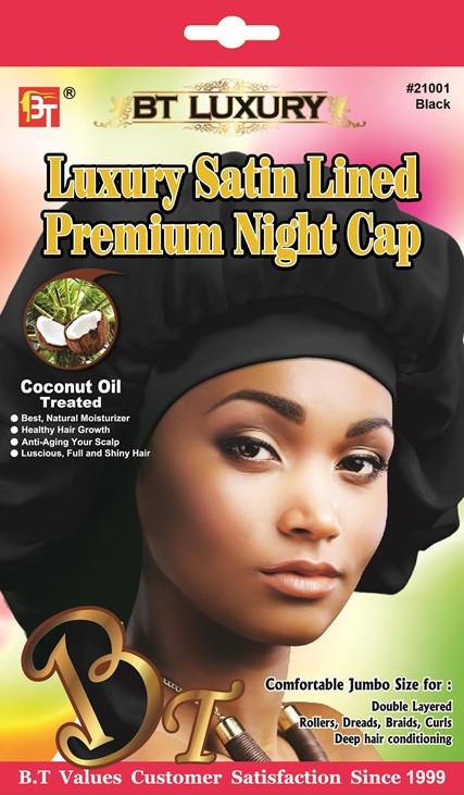 LUXURY SATIN LINED PREMIUM NIGHT CAP - (BLACK) 